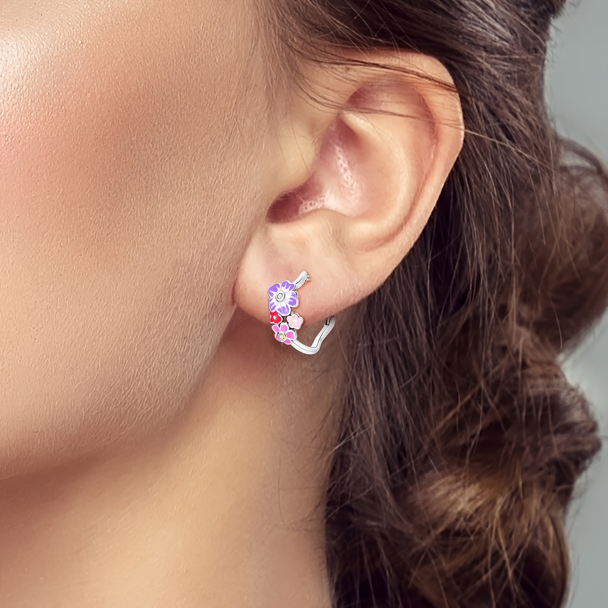 Silver Plated Pink Purple Iris Flower Hoop Earrings, Unisex